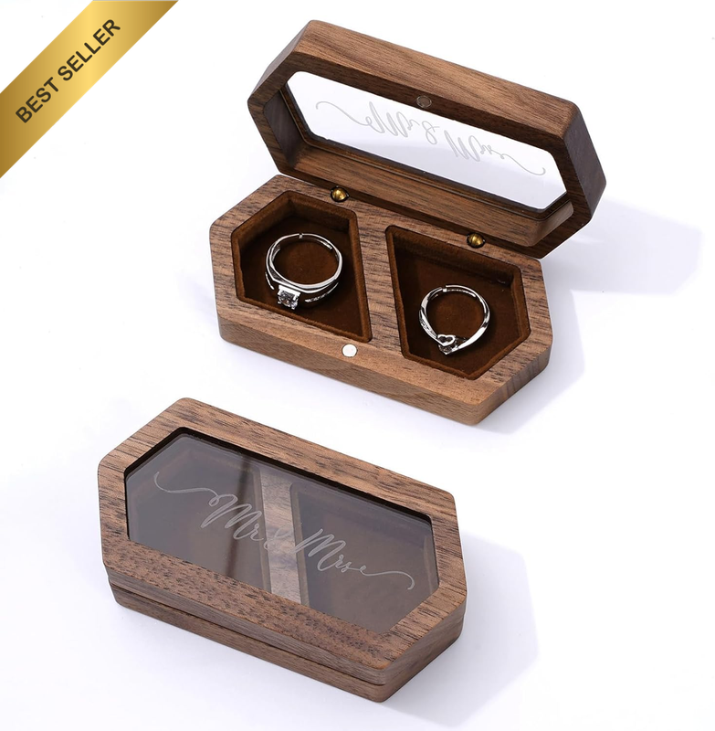 Wooden Ring Box Mr & Mrs Wedding Ring Case Rustic Jewelry Storage Box for Ceremo
