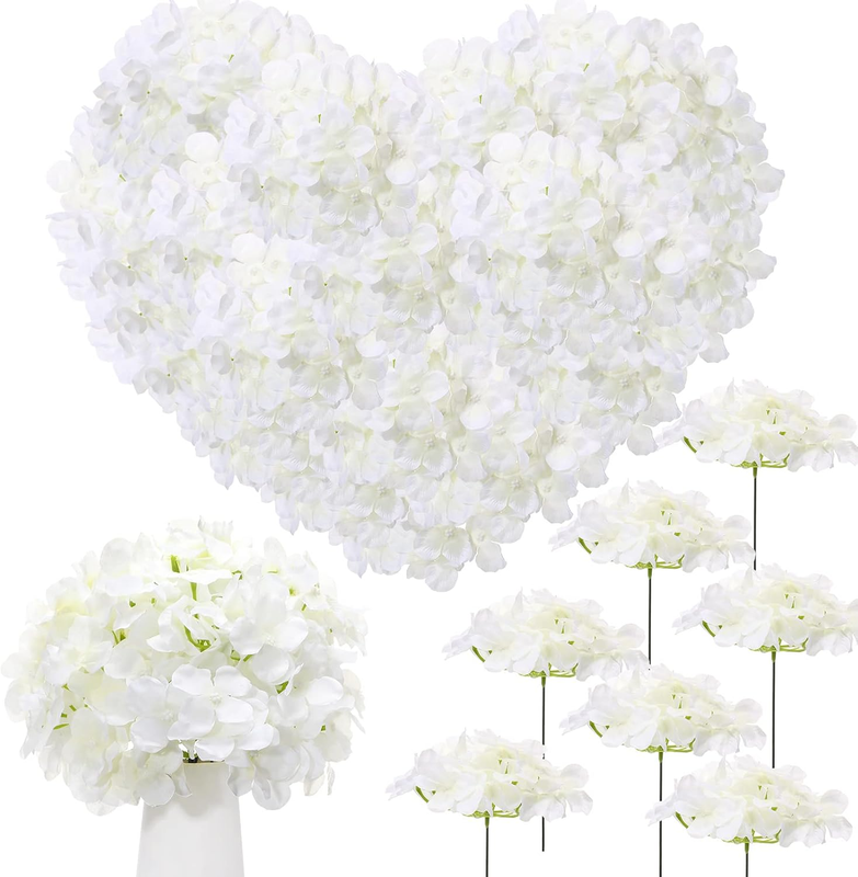 200 Pcs Hydrangea Artificial Flowers, Silk Flower Heads with Stems, Fake Hydrangea Bouquet for Wedding Arch Centerpiece DIY Floral Home Decoration (White)