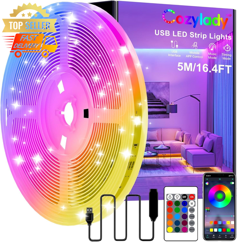 16.4FT RGB LED Strip Lights Kit, Music Sync, Bluetooth APP Control, USB, Remote