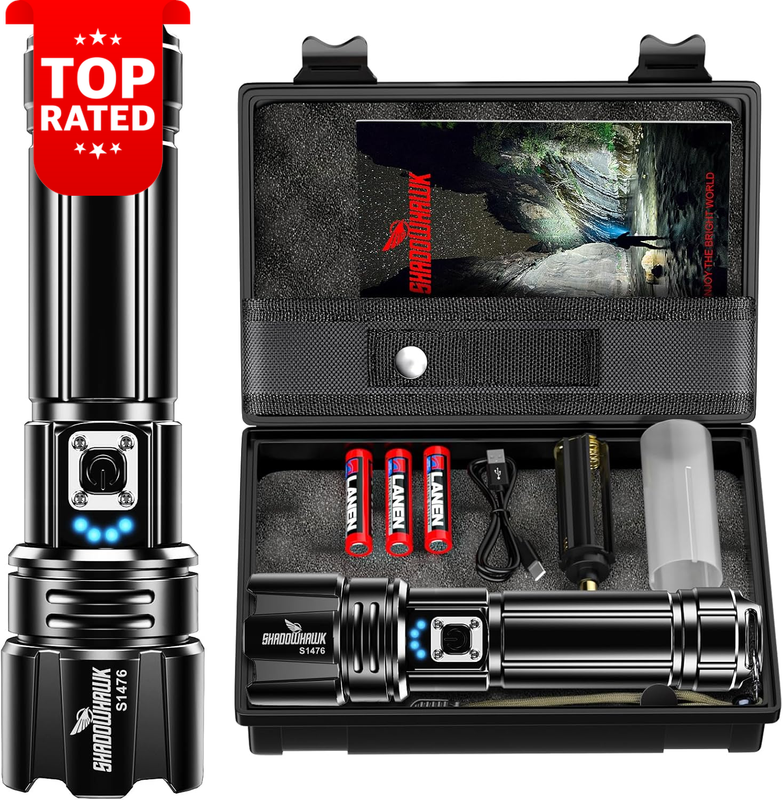30000 Lumens LED Rechargeable Tactical Torch USB-C Flashlight Camping Hiking