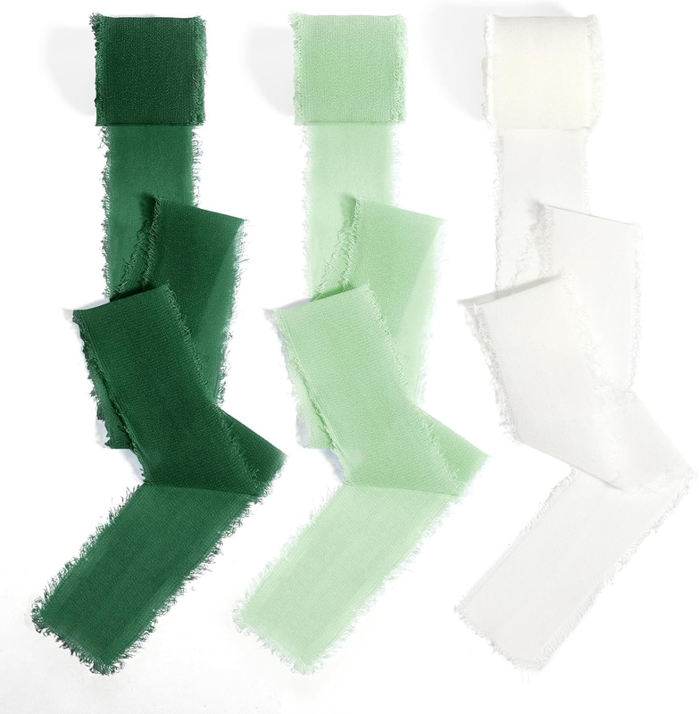 3 Rolls White Sage Green Chiffon Ribbon, 1 Inch Wide X 6.6 Yards Each with Hand-