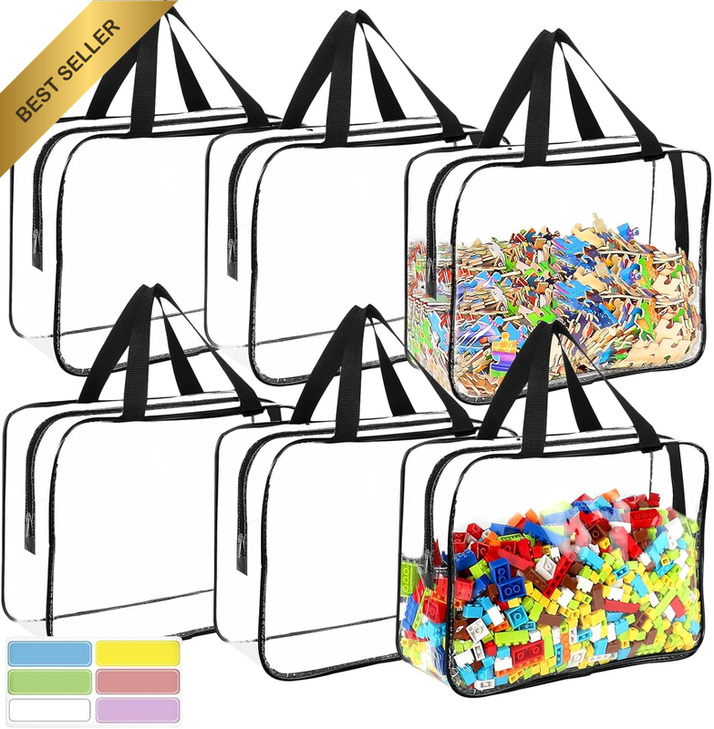 6 Packs Large Toy Storage Bags with Labels, Reusable Clear PVC Board Game Storag