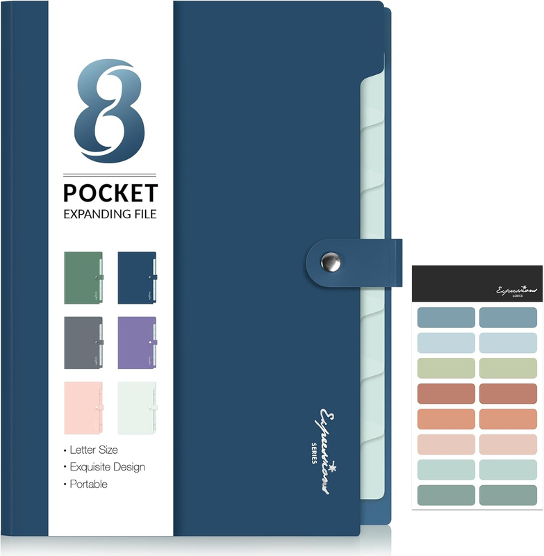 Elegant Accordion File Organizer with Labels, 8 Pocket Expanding File Folder, Po
