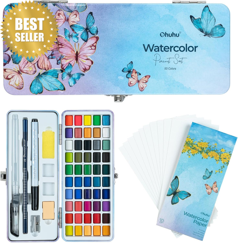 Watercolour Paint Set: 50 Colours Portable Watercolor Kit for Outdoor Travel, In