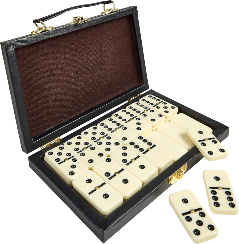 Premium Double Six Dominoes Set - 28 Classic Tiles in Faux Leather Case - Fun Ed