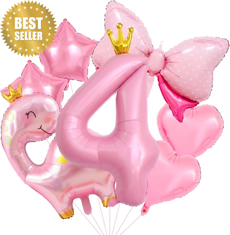 40 Inch Number Balloon Pack, Cute Crown Dinosaur and Star Bow Heart, Pastel Pink