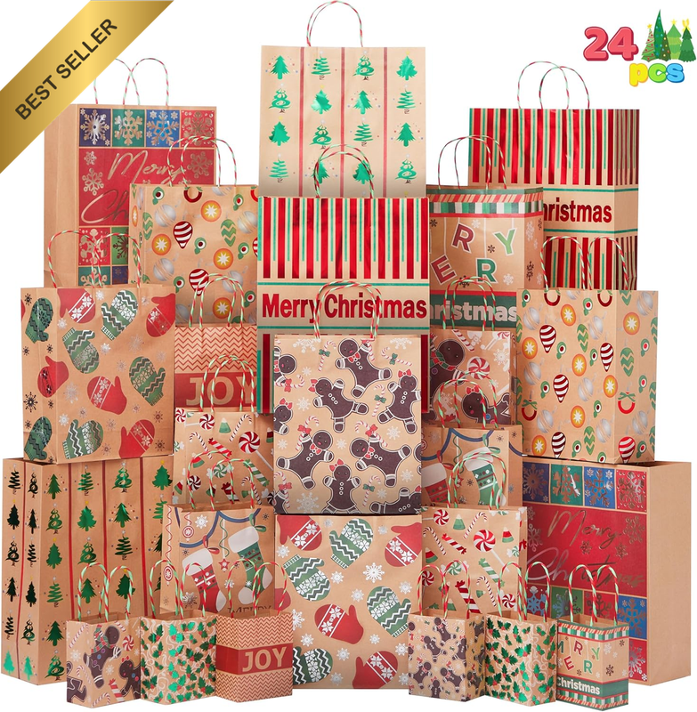 24 Christmas Foil Kraft Gift Bags Assorted Sizes w/ Twine Handles Goody Party Fa