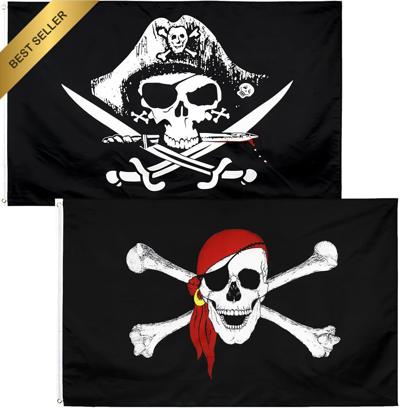 Set of 2 Pirate Flag 90 X 150 Cm Skull Pirate Flag with Cross Knife Halloween De