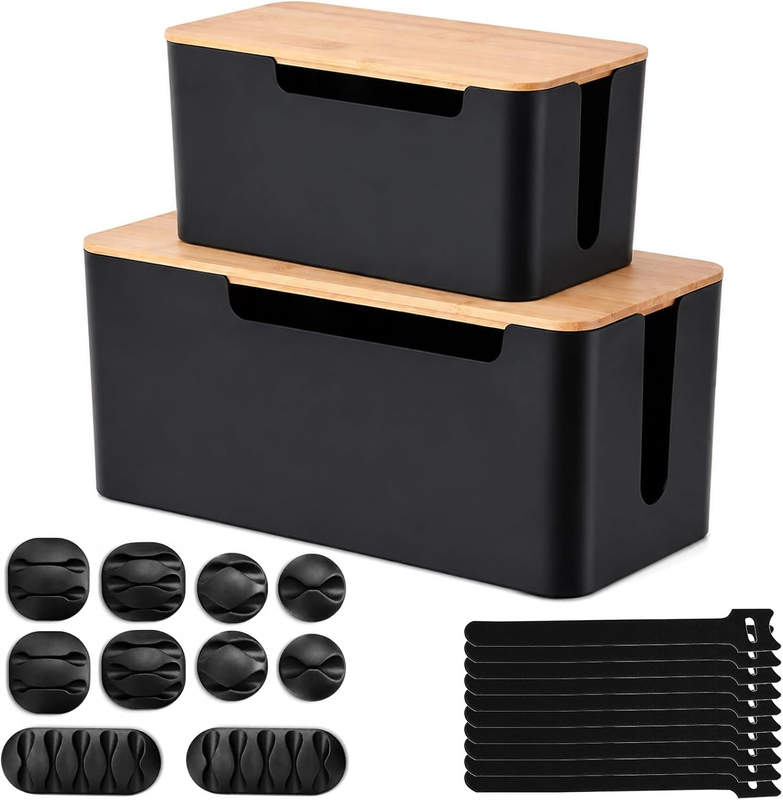 2PCS Cable Management Box with Bamboo Lid – Large & Small Set, Cord Organizer fo