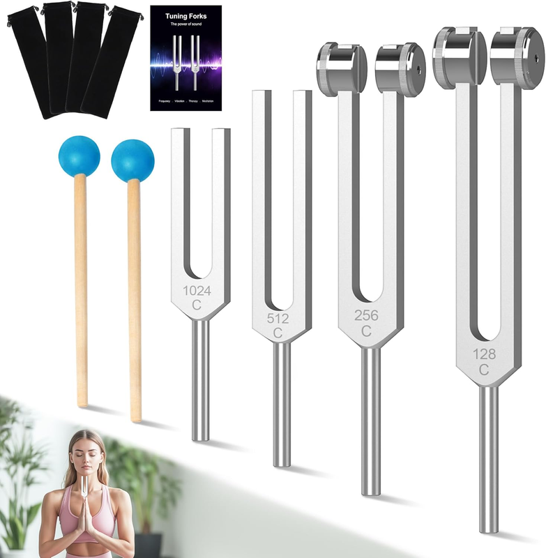 Tuning Fork Set 4pcs 128Hz, 256Hz, 512Hz, 1024Hz with Accessories for Yoga and M