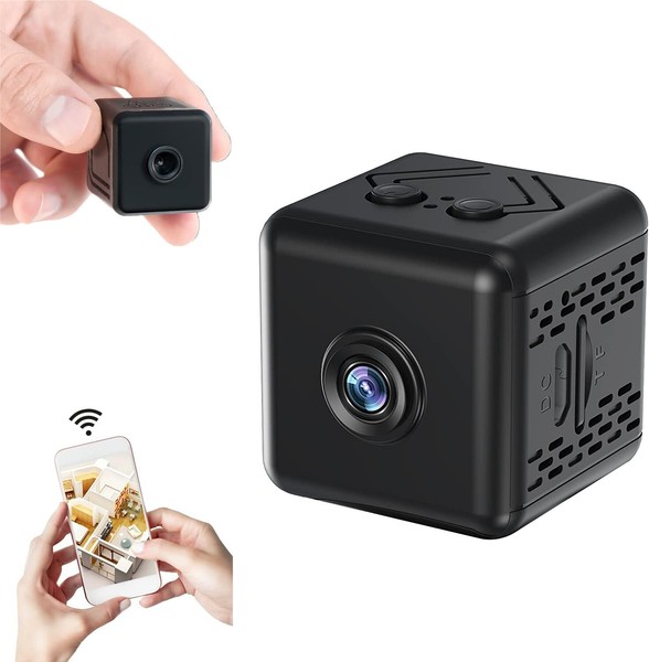Compact wireless security camera with smartphone connectivity.