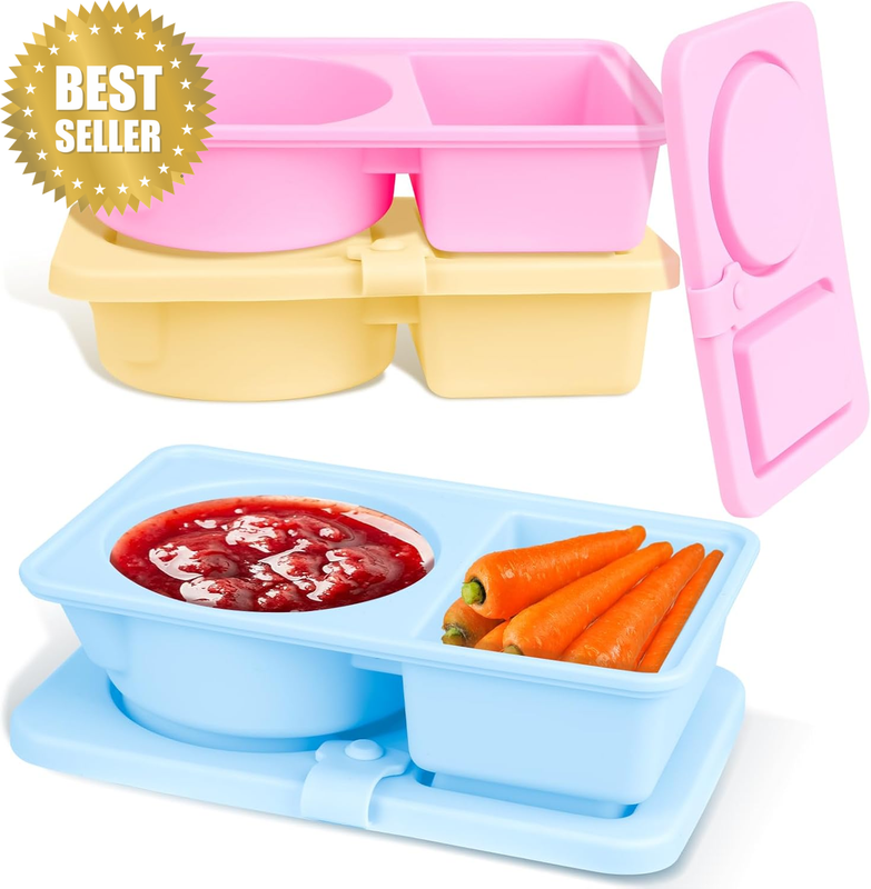 3 Pack Silicone Reusable Snack Containers with Lids, Double Compartment Snackle