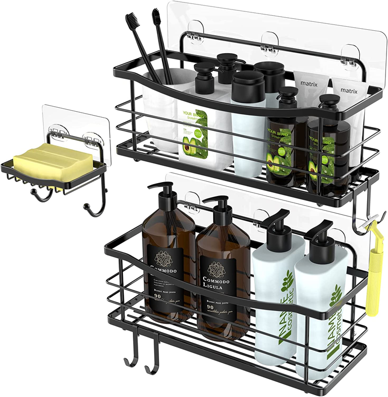 Adhesive Shower Caddy Basket Shelf with 4 Hooks for Shampoo Razor Soap Dish Hold