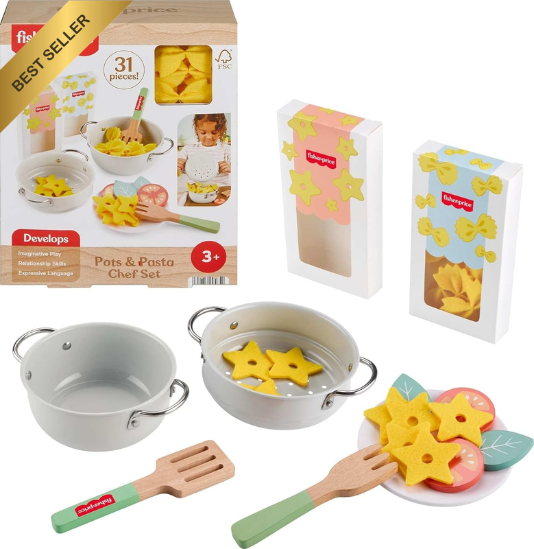 31pc Wood Pretend Cooking Set Pots & Pasta Play Food Wooden Utensils