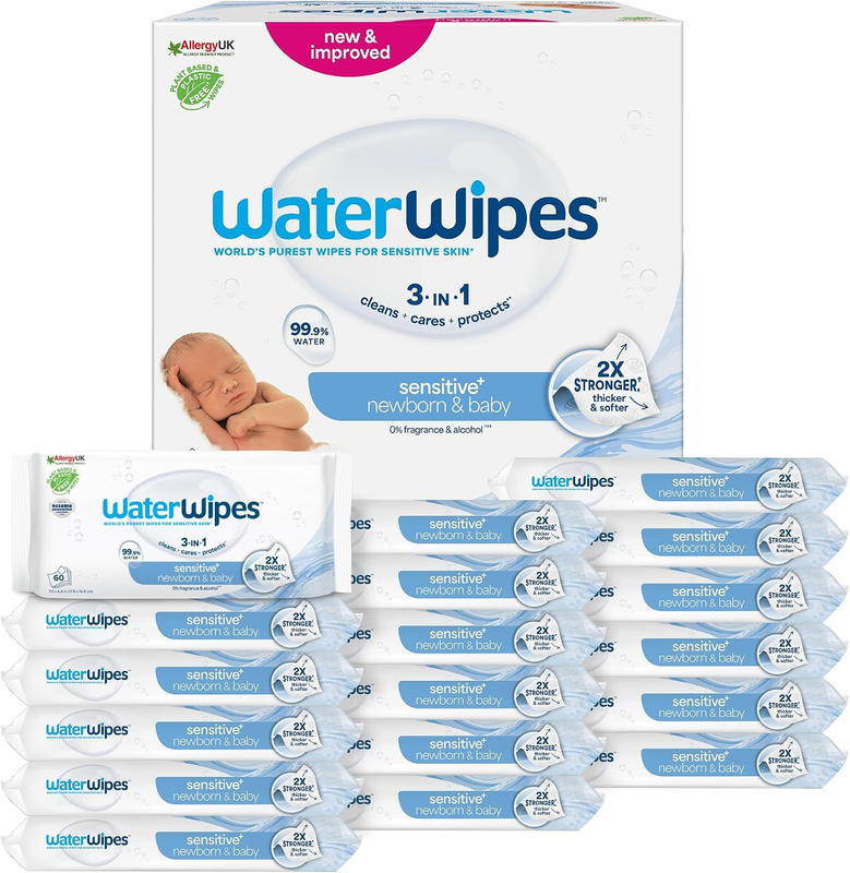 Sensitive+ Newborn & Baby Wipes, 1080 Count (18 Packs), 3-In-1 Cleans, Cares, Pr