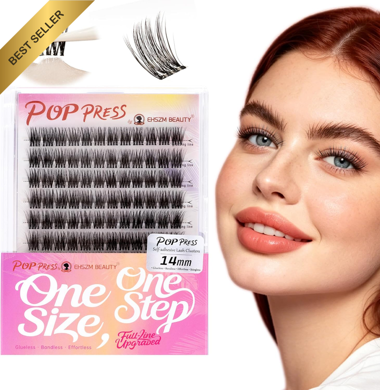 POP PRESS 14Mm Self-Adhesive Lash Clusters, 1-Minute Pre-Glued Press-On, Natural