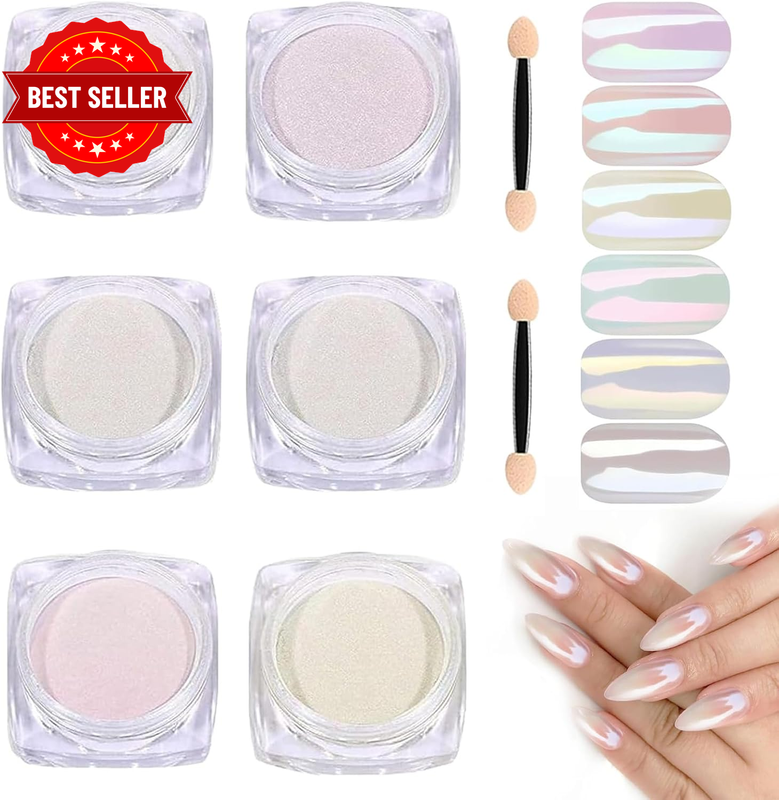 6 Colors Chrome Nail Powder with Iridescent Aurora and Metallic Mirror Effect Na