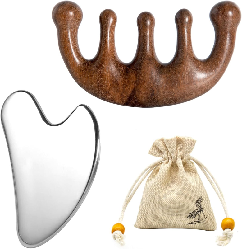 Gua Sha Facial Tools & Wooden Scalp Massage Comb Set with Drawstring Bag, Gua Sh