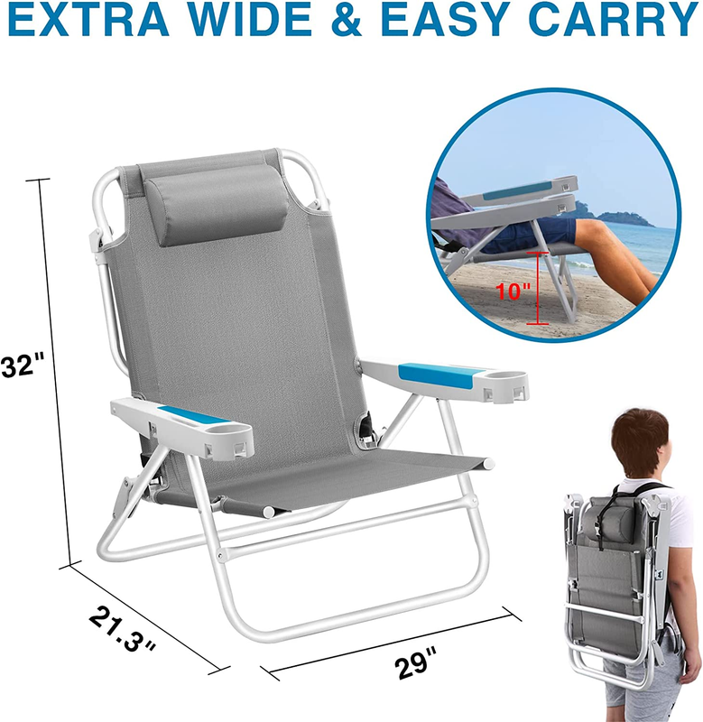 Beach Chairs for Adults 2 Pack, XL 5 Position Backpack Beach Chair Heavy Duty, L
