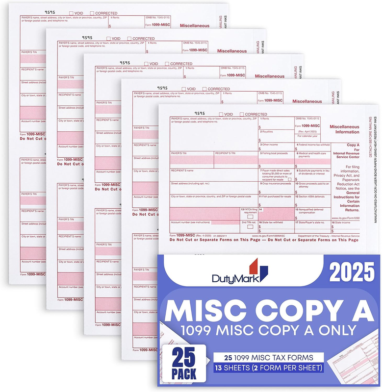 1099 MISC Copy a 2025 Tax Federal Income Form, 25 Laser Tax Recipients Pack, (13
