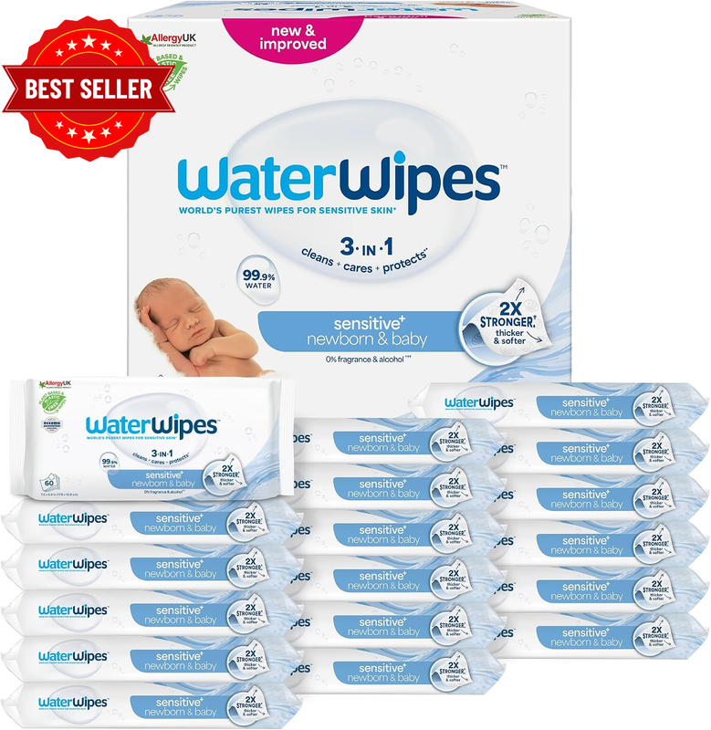 Sensitive+ Newborn & Baby Wipes, 1080 Count (18 Packs), 3-In-1 Cleans, Cares, Pr