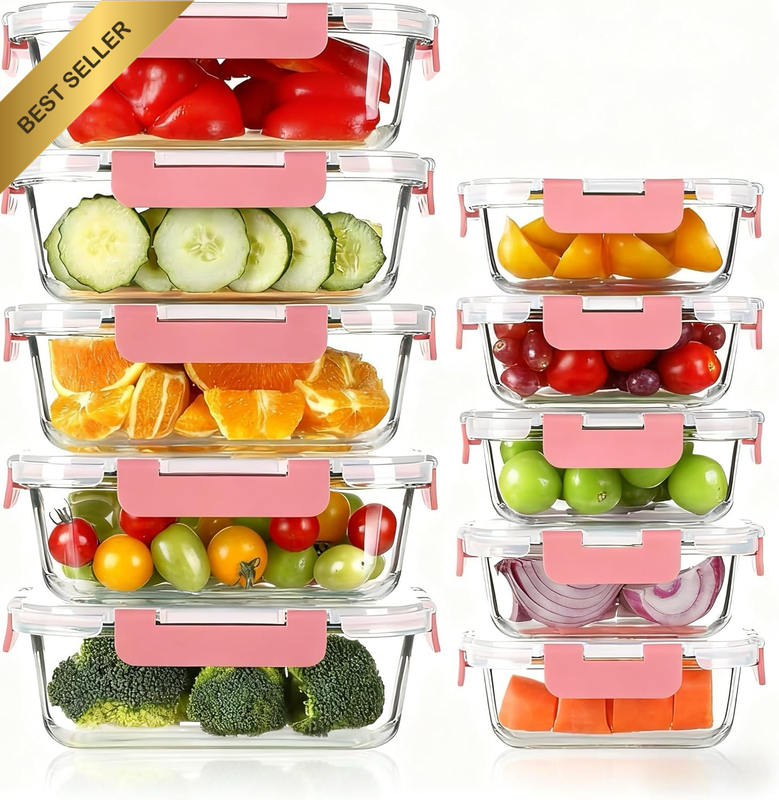 10 Pack Glass Food Storage Containers with Lids – Airtight Leak‑Proof, BPA Free,
