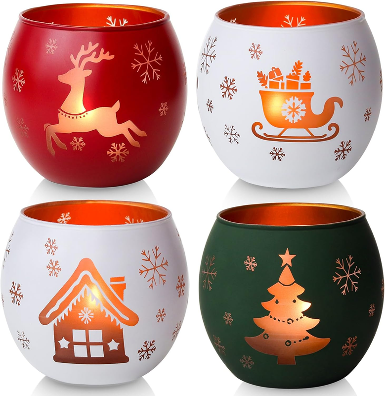 Glas Weihnachts Kerzenhalter 4Er Set, Teelichthalter in Weiß, Rot, Grün - Weihna