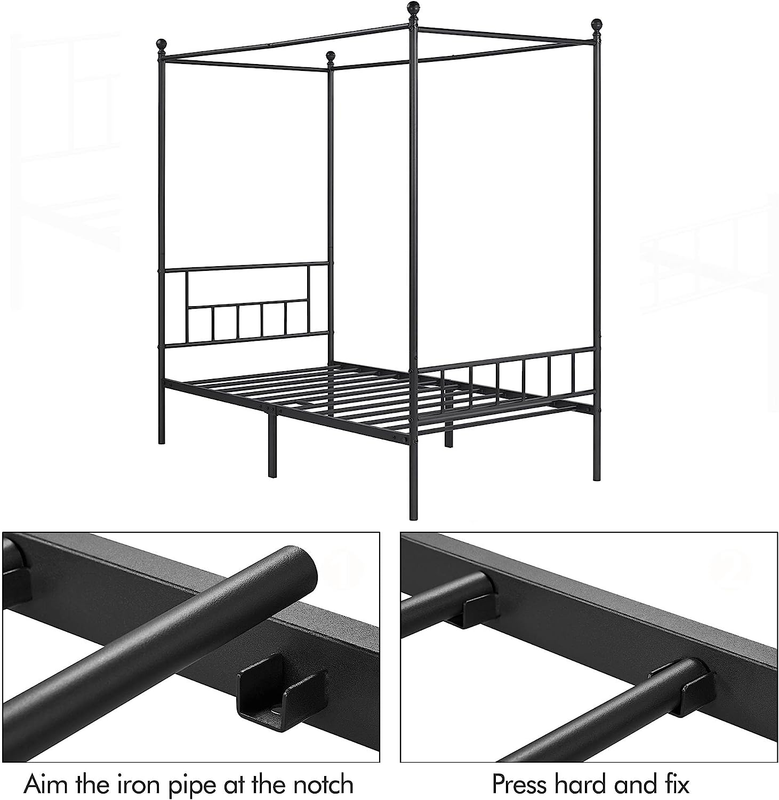 Black Four-Poster Canopy Metal Bed Frame with Headboard and Footboard Sturdy Sla