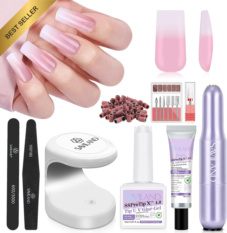 Nail Tips Kit with UV Light 256Pc Long Square Gel Nails Glue Lamp Set