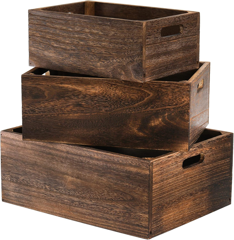 Set of 3 Wood Nesting Storage Crates with Handles, Decorative Farmhouse Wooden C