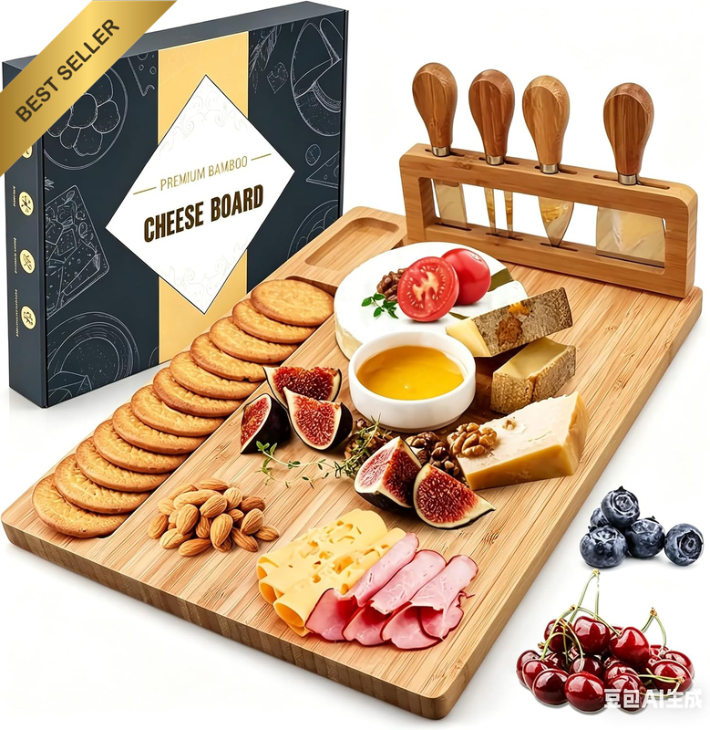 Cheese Board and Knife Set,Bamboo Charcuterie Board with round Tray,Cheese Platt