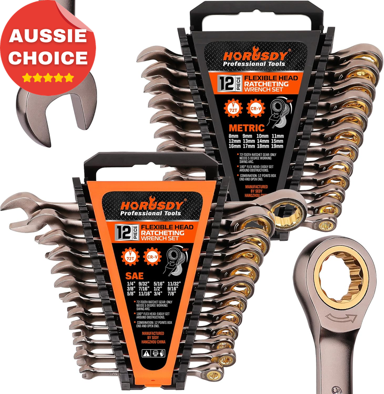 24-Piece Ratchet Spanner Set Metric SAE Combo Wrench Organizer Chrome Vanadium