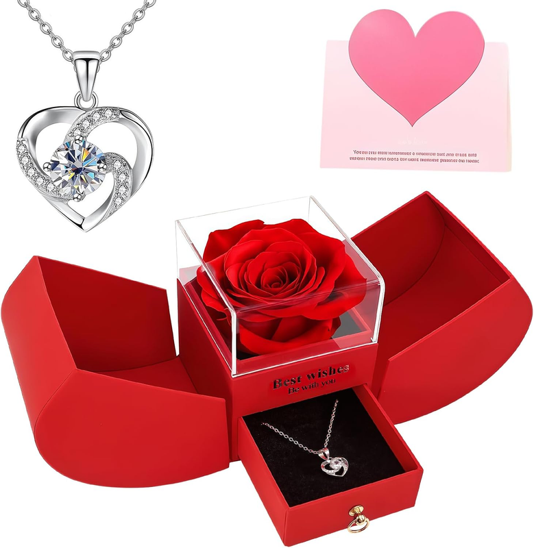 Preserved Rose Gifts for Women, Eternal Flower with Heart Necklace Gifts Box, Fo