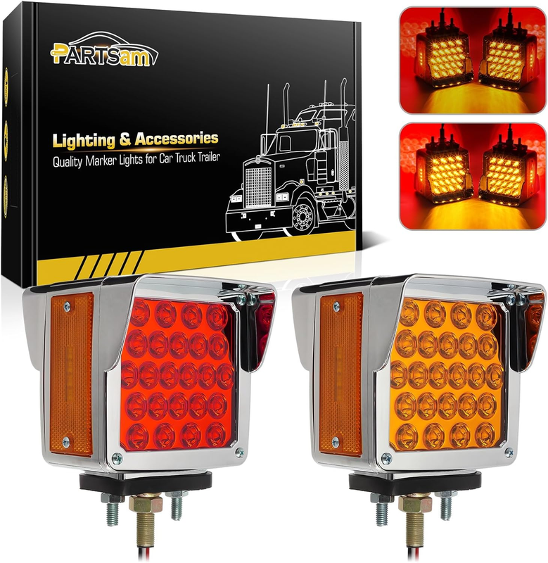 Pair Truck Trailer 52 LED Red/Amber Square Double Face Pedestal Fender Stop Turn