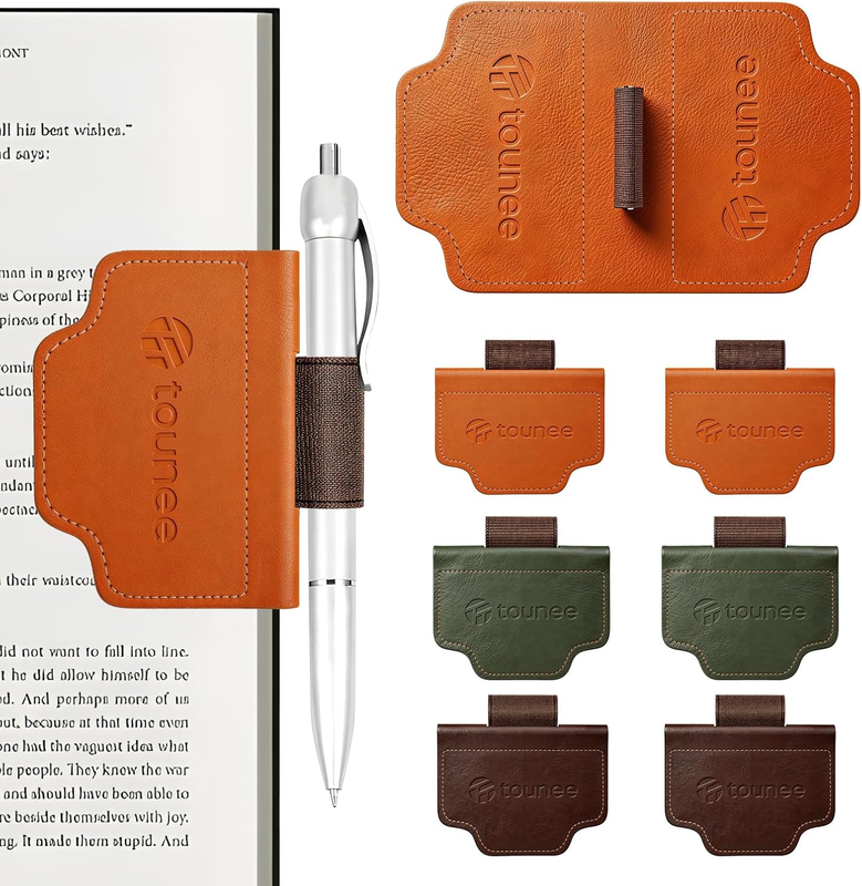 6-Pack Magnetic Leather Bookmarks with Integrated Pen Holder, Essential Reading