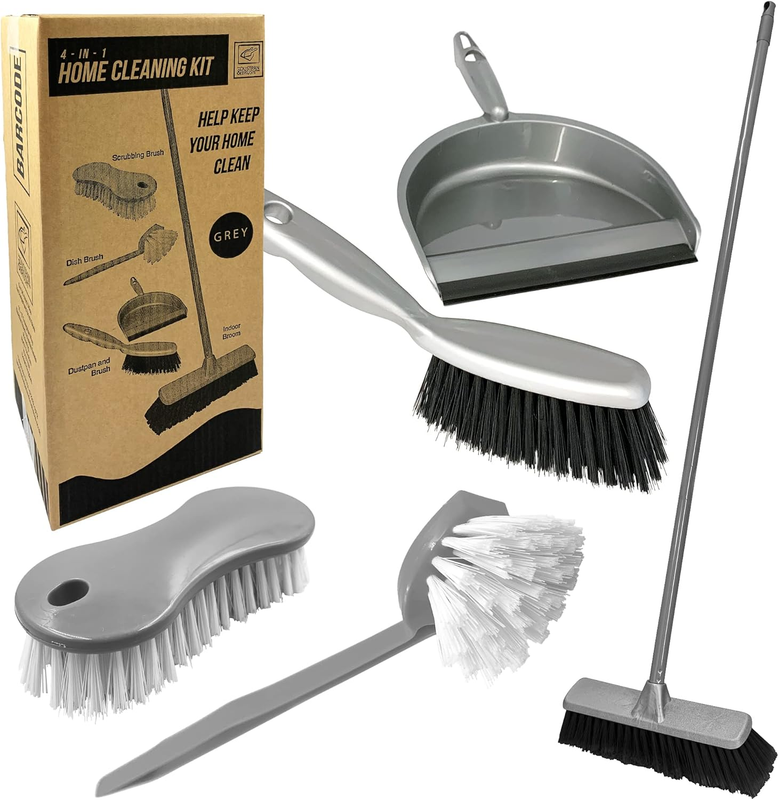 House Cleaning Kit | 4-In-1 Broom and Dustpan Cleaning Set to Keep All Surface of Homes Tidy | Includes Soft Broom Indoor, Dustpan and Brush, Hand Scrubbing Brush, and Dish Brush