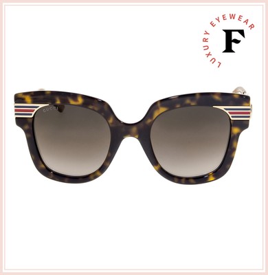 Pre-owned Gucci Sylvie Stripe 0281 Gold Havana Glitter Metal Oversized Sunglasses Gg0281s In Brown