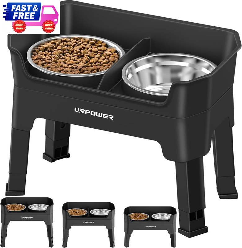3-in-1 Elevated Dog Bowls Adjustable Stand w/ 2 Steel Bowls & Licking Plate