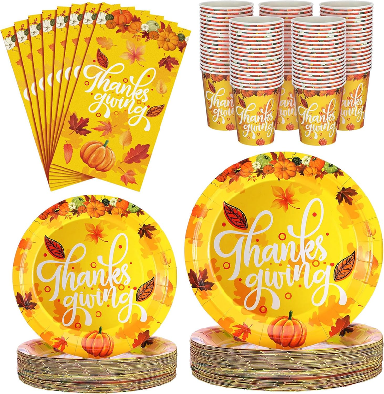 200 Pcs Thanksgiving Turkey Disposable Dinnerware Set for Party Supplies Maple L