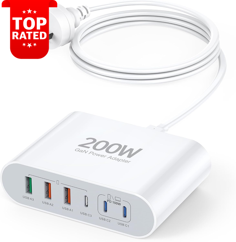 200W USB C Charger Multi-Port Hub Power Adapter for MacBook iPhone Galaxy