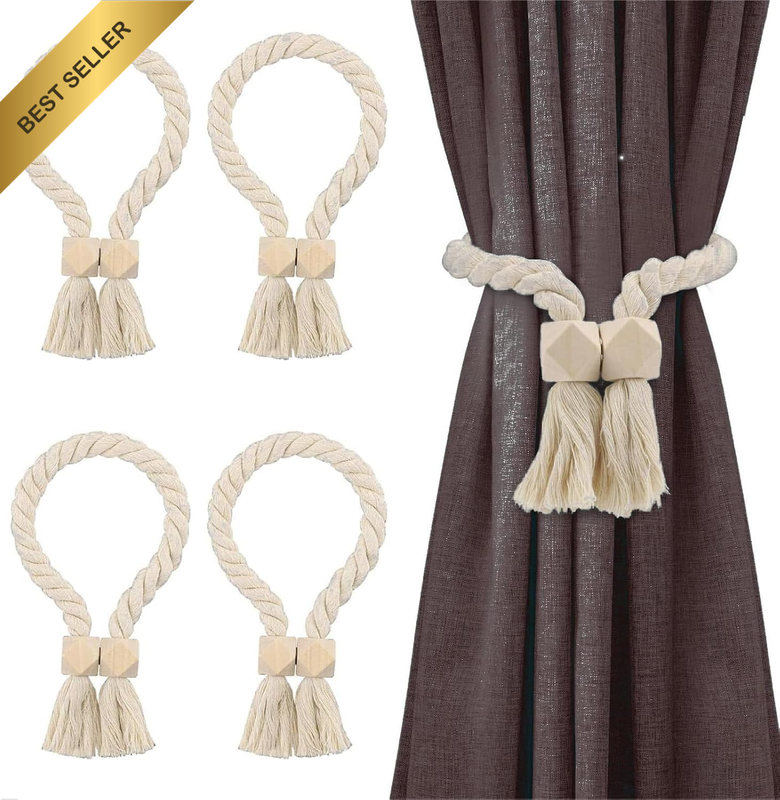 4 Pack Magnetic Curtain Tiebacks Holdbacks, Modern Simple Style, Wood Bead Rope