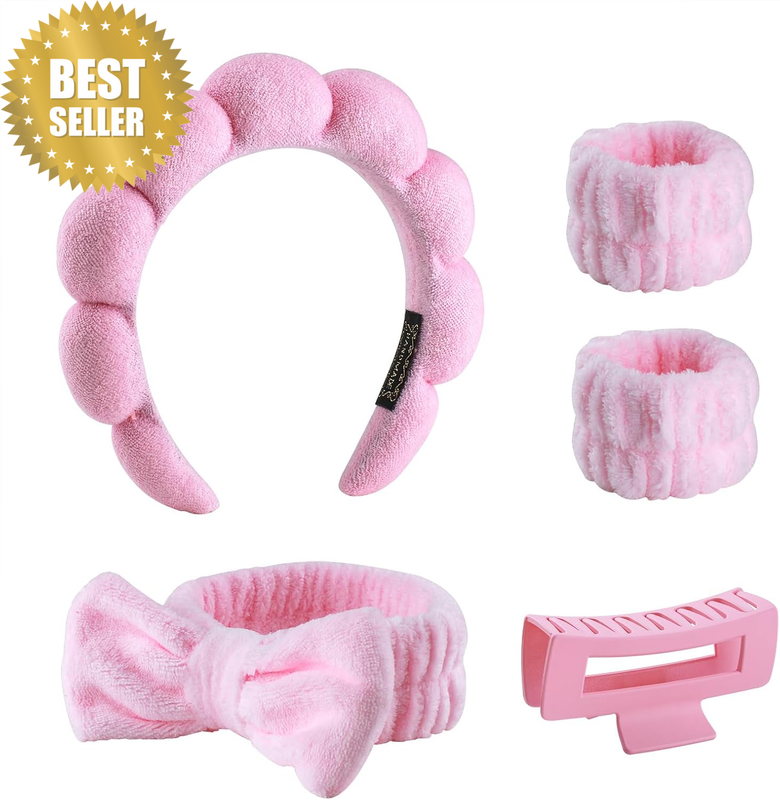 5-Piece Spa Facial & Hair Care Set – Pink Hair Clips, Terry Cloth Headband, Wris