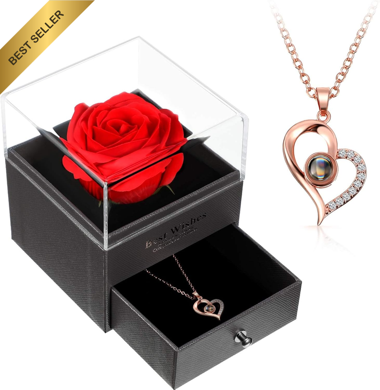 Preserved Real Rose with I Love You Necklace in 100 Languages Gift Set, Eternal