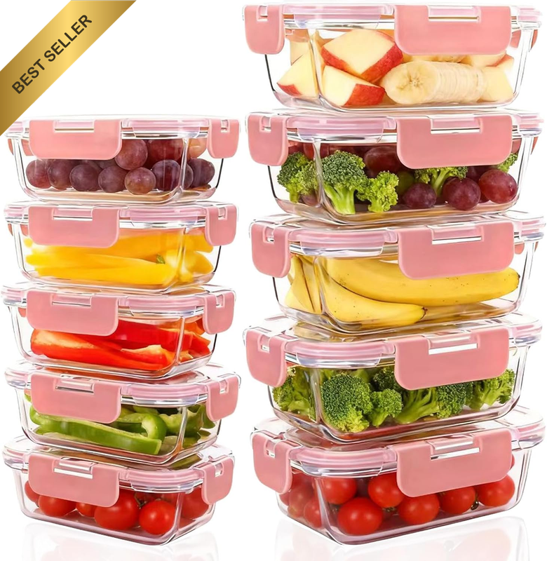 10 Pack Glass Food Storage Containers with Snap Lock Leakproof Lids，Lunch Box Gl