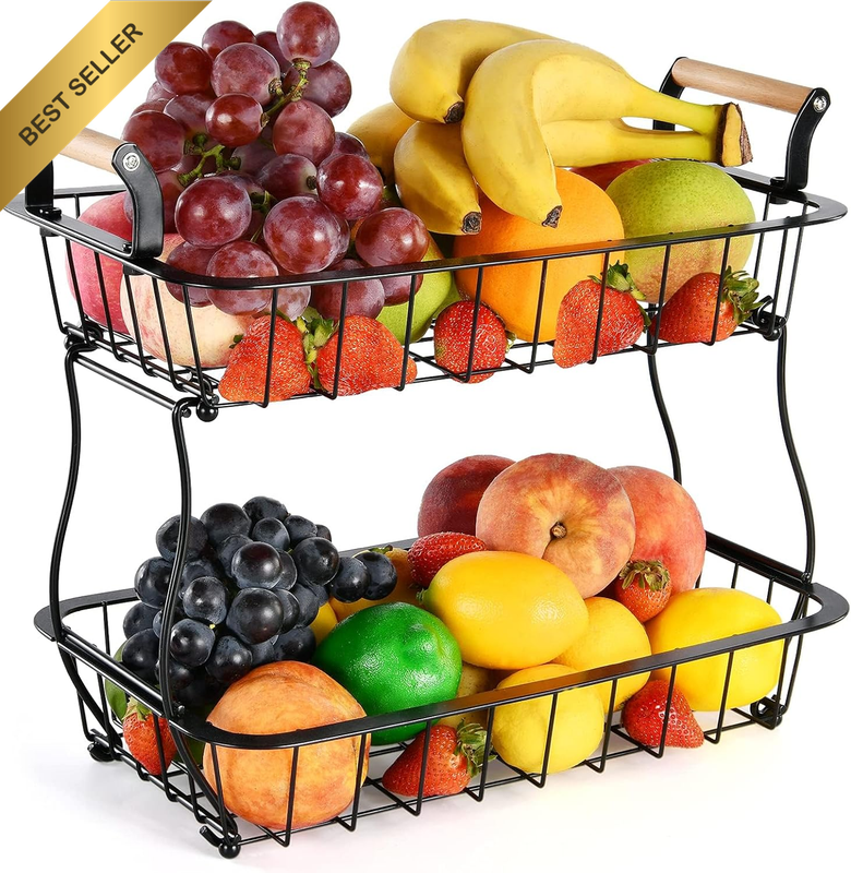 2 Tier Countertop Fruit Basket Bowl, Kitchen Counter Metal Wire Storage Produce