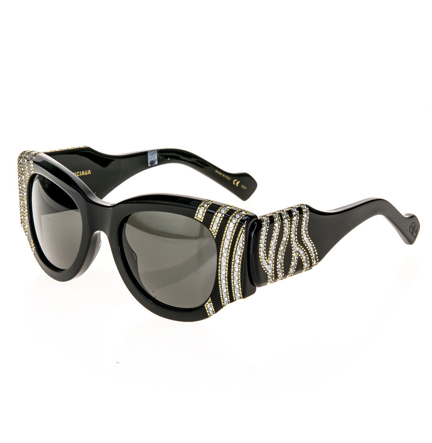 Pre-owned Balenciaga Paris Cat 0070 Black 007 Crystal Stud Chunky Sunglasses Bb0070s 005 In Gray