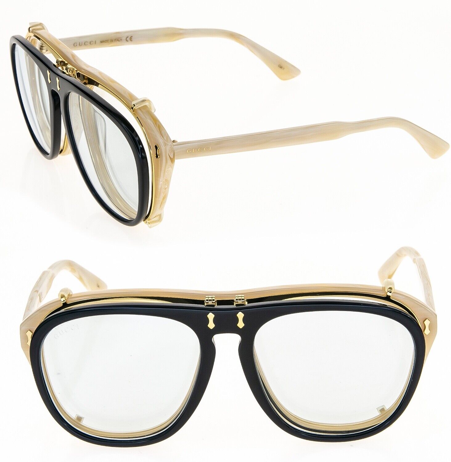 GUCCI AUTHENTIC 0128 Horn Black Blue Clip Retro Aviator GUCCI AUTHENTIC 0128 Horn Black Blue Clip Retro Aviator
