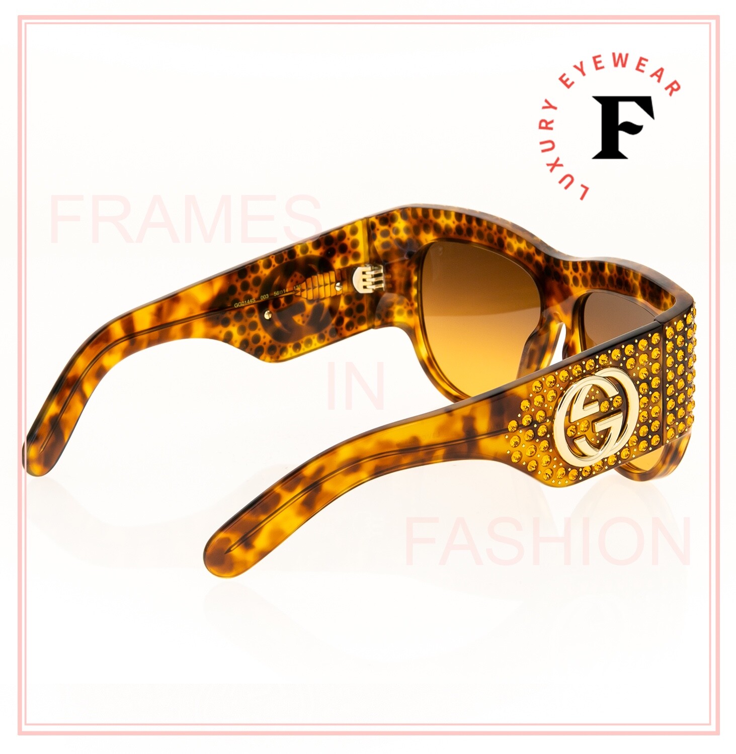 Pre-owned Gucci Authentic Hollywood Forever 0144 Brown Gold Crystal Sunglasses Gg0144s 003