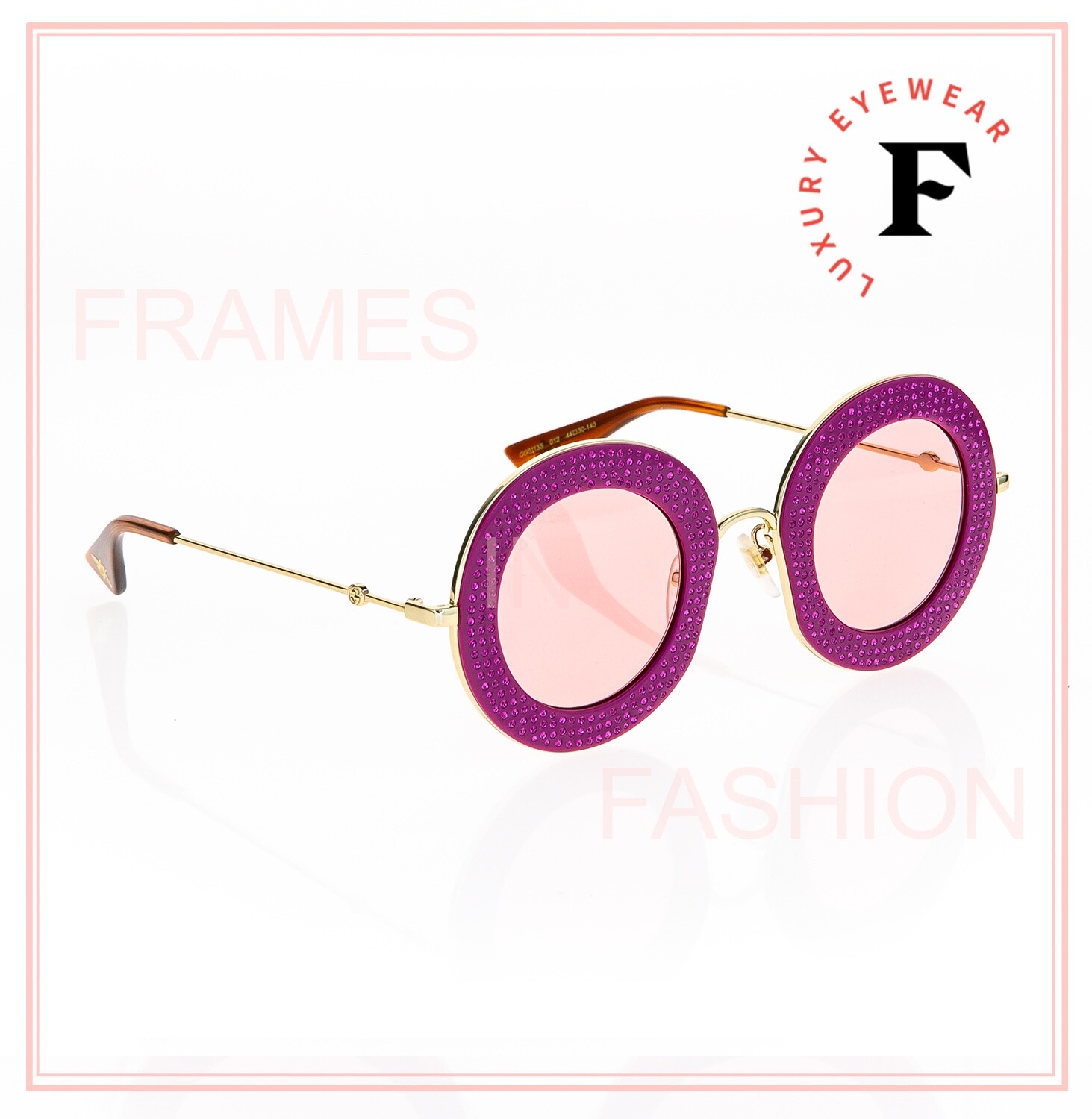 Pre-owned Gucci Authentic 0113 Round Pink Red Gold Crystal Pave Sunglasses Gg0113s 012