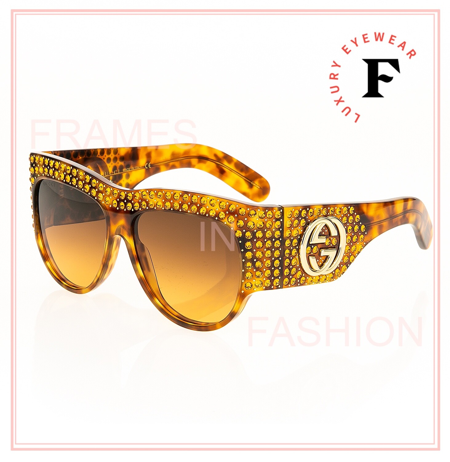 Pre-owned Gucci Authentic Hollywood Forever 0144 Brown Gold Crystal Sunglasses Gg0144s 003